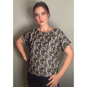 Suno Embroidered Top Cotton Black & White Damask Floral Print ~ Sz M /2 ~ Lovely